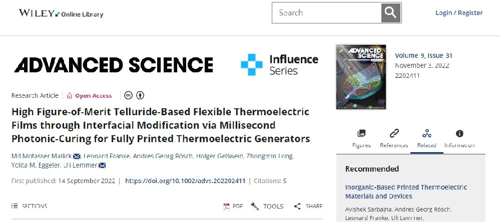《Advanced Science》：通過毫秒光子燒結界面改性制備高品質因數(shù)碲化物基柔性熱電薄膜，用于全印刷熱電發(fā)電機（IF=15.17）